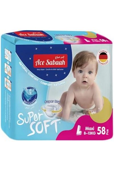 Ace Sabaah Baby Super Dry Diapers, Soft Feel, Natural Comfort, 1 Pack 58 Pcs, Large 8-13kg, Diaper M