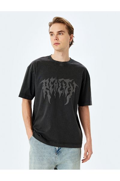 Koton Washable Crew Neck Cotton Short Sleeve Gothic Printed Oversize T-Shirt