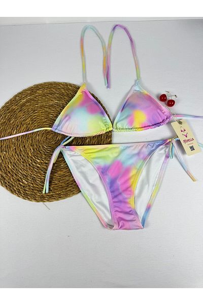 FUNELLA Women's Multicolor Patterned Stretchy Lycra Stylish Drawstring Bikini Set