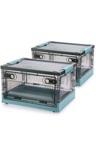 COOYA 2 Pack 40L Clear Folding Storage Boxes with Wheels and Double Side Doors