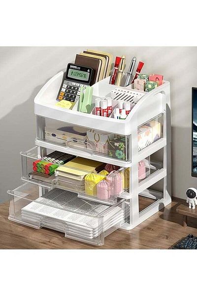COOYA Drawer Desktop Plastic Storage, Clear Desktop Storage Drawers, for Office, Home,Cosmetics (3-Tier)