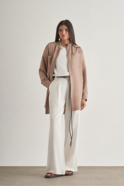 Mizalle Keten Dokulu Apoletli Bej Rengi Tunik