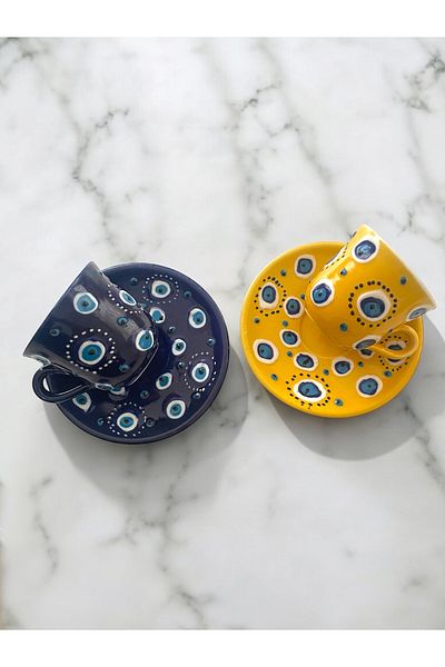 Artistic Quality Decorative 2-Person Stylish Evil Eye Design Fully Handmade Coffee Cup Set