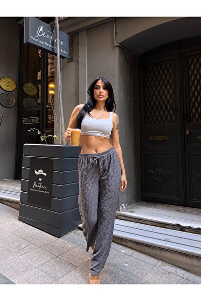 Buklemoda Seersucker Wide Leg Trousers Gray