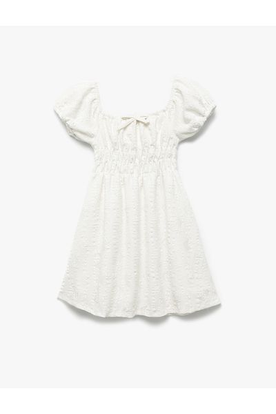 Koton Crew Neck Brode Bow Detailed Balloon Sleeve Dress