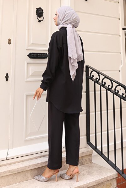 Modamihram Перлен детайлен костюм черен 19259