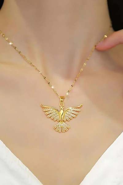 ANGELSS JEWELLERY Zirkon Taşlı Gold Anka Kuşu Kolye Çelik Anka Kuşu Gold Kolye Zümrüdü Anka Kuşu Kolye