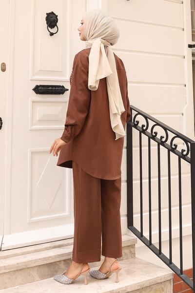 Modamihram Кафяв костюм с перлени детайли 19259