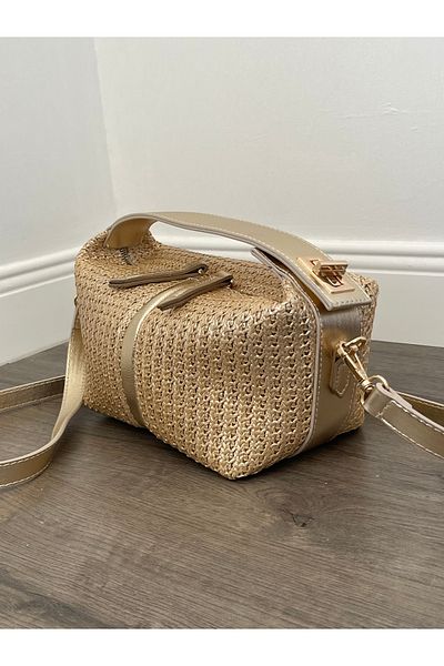 nura Gold Women's Straw Interlocking Sandal Hand and Shoulder Bag