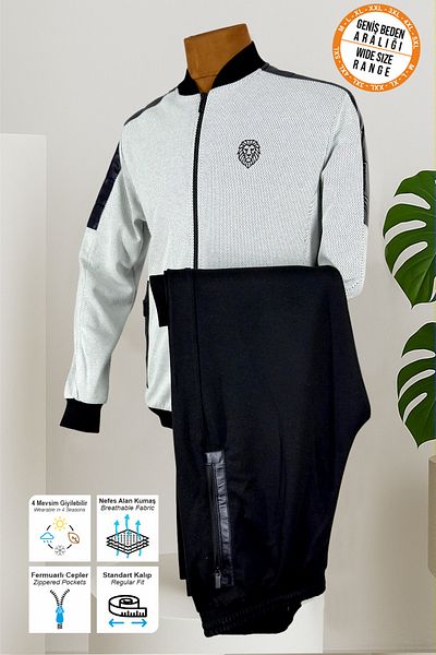 BESSA Men's Lion Printed White Tracksuit Set Breathable Summer Fabric Straight Leg with Zipper Pockets