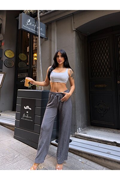 Buklemoda Seersucker Wide Leg Trousers Gray