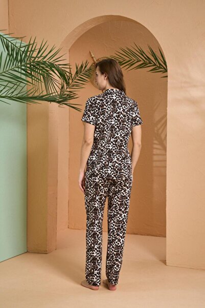 PJS Women's Brown Front Button Pajama Set 27063