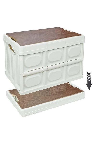 COOYA Collapsible Storage Bin With Composite Wood Lid, Multifunction Folding Plastic Storage Box Container
