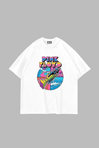 Bak Moda تيشيرت أبيض كبير الحجم مطبوع للجنسين من بي فلويد