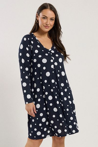 Şans Women's Plus Size Navy Blue, Polka Dot Pattern, Front Pleat Detail, Long Sleeve Viscose Dress 65N39002