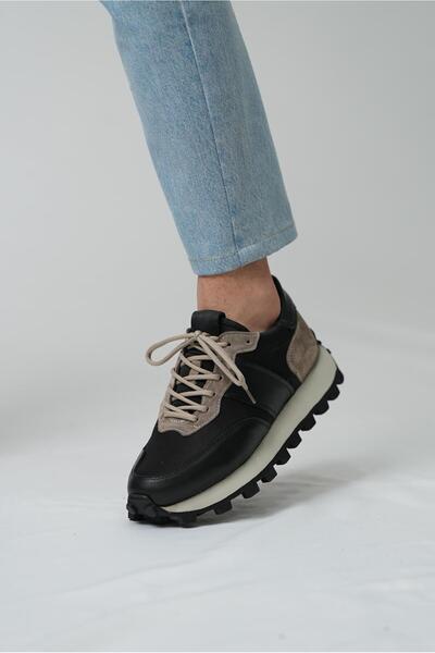 TETRİ Sarasota Model Gerçek Deri El Yapımı Erkek Siyah Bej Sneaker Ayakkabı