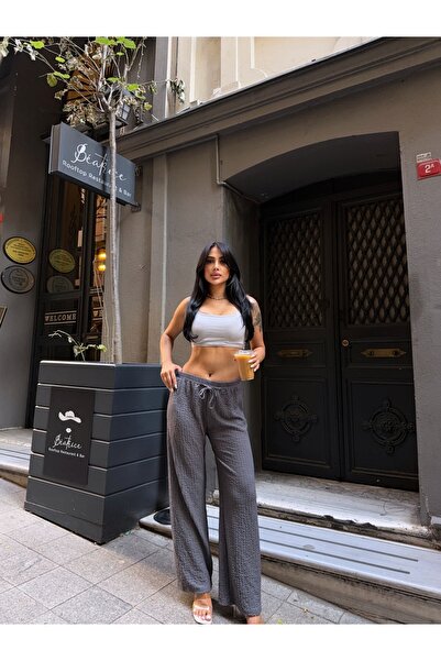 Buklemoda Seersucker Wide Leg Trousers Gray