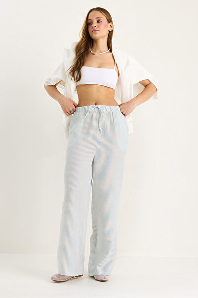 SHADE Kadın Beli Lastikli Cep Detaylı Çizgili Müslin Palazzo Pantolon