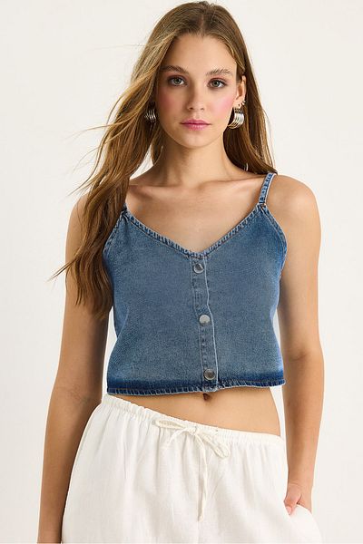 Bianco Lucci Women's Thin Strap V Neck Crop Denim Blouse 6079 60281078