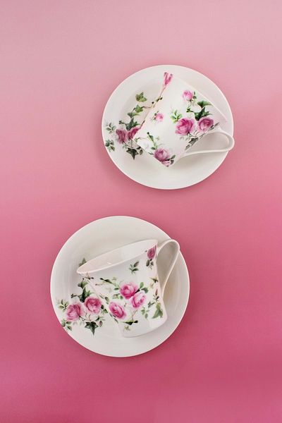 Bursa Porselen Dekor Pink Ivy Rose Gold Gilded 2 Person Tea Cup Set