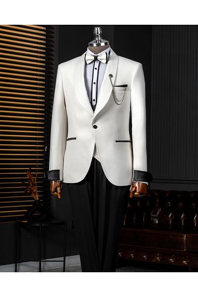 TerziAdemAltun Italian Style Slim Fit Shawl Collar Jacket Vest Pants Groom Suit Set Ecru T14252