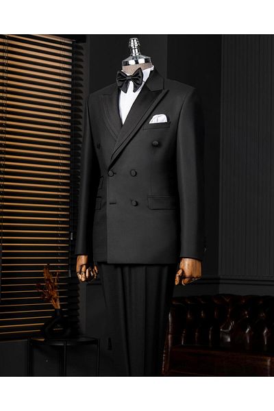 TerziAdemAltun Italian Style Slim Fit Double Breasted Jacket Pants Groom Suit Set Black T13964