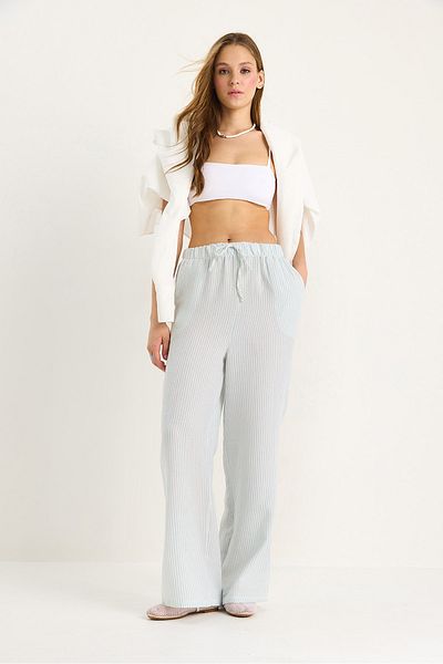 Bianco Lucci Women's Elastic Waist Pocket Detailed Striped Muslin Palazzo Trousers 60281077