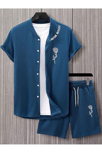 LUNAVISTA Men's Summer Floral Print Short Sleeve Shirt Lace-Up Waist Shorts, Casual 2-Piece Set