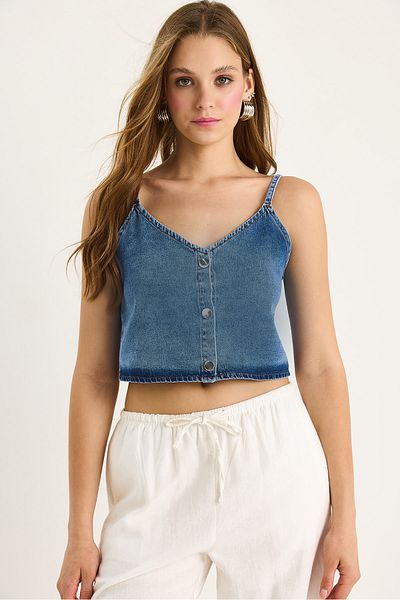 Bianco Lucci Women's Thin Strap V Neck Crop Denim Blouse 6079 60281078