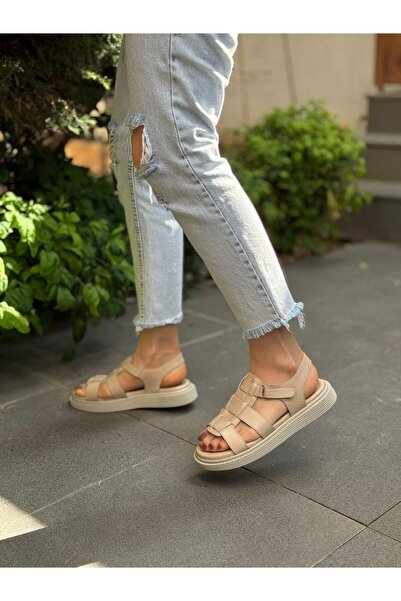 DİVA Μπεζ Δερμάτινο Ορθοπεδικό Γυναικείο Καφέ Σετ Σανδάλια