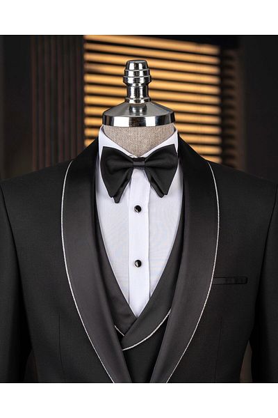 TerziAdemAltun Italian Style Shawl Collar Jacket Vest Pants Groom Suit Set Black T14266