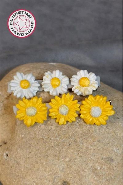Uretti - Hülya 6683 5848 Design de flori de margaretă albă și galbenă din argilă polimerică realizată manual, pachet de 2 păr lateral T