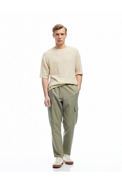 Koton Linen Cotton Blend Cargo Summer Trousers with Lace-Up Waist and Pocket Detail
