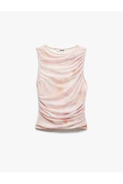 Koton Tie Dye Print Draped Crew Neck Sleeveless Tulle Blouse