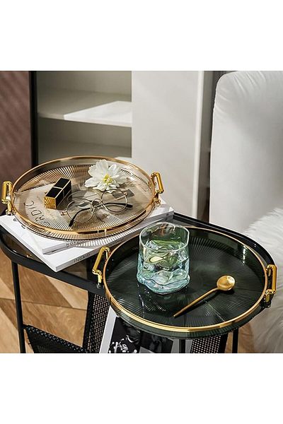 COOYA Round Decorative Serving Acrylic Tray with Handles,for Home,Restaurant,Table,Bar Drinks (Grey)