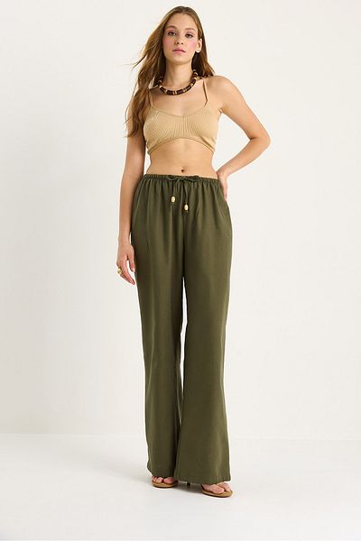 Bianco Lucci Women's Waist Tie Thin Linen Summer Loose Trousers 3236 60281079