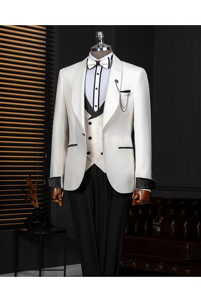 TerziAdemAltun Italian Style Slim Fit Shawl Collar Jacket Vest Pants Groom Suit Set Ecru T14252