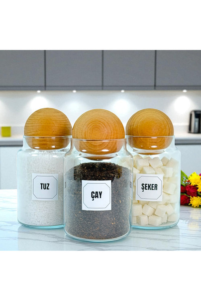 mafa home 3'lü Ahşap Top Kapaklı Cam Çay Tuz Şeker Saklama Kavanozu Seti 800 ...