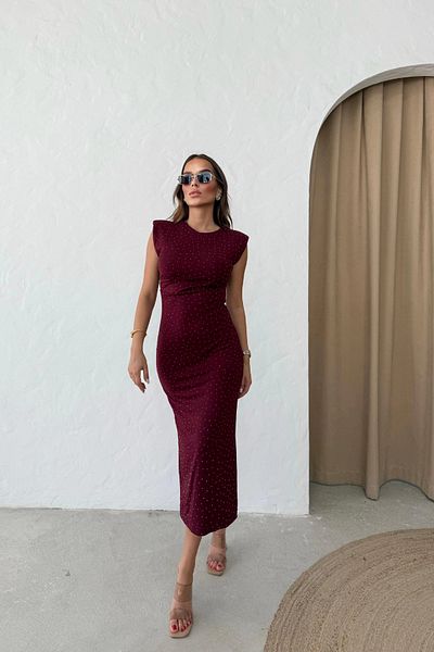 MOZENA Padded Stone Detailed Long Pencil Dress with Slit on the Back
