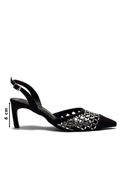Dedos Women's Heeled Crystal Stone Satin Evening Dress Shoes Black 5205