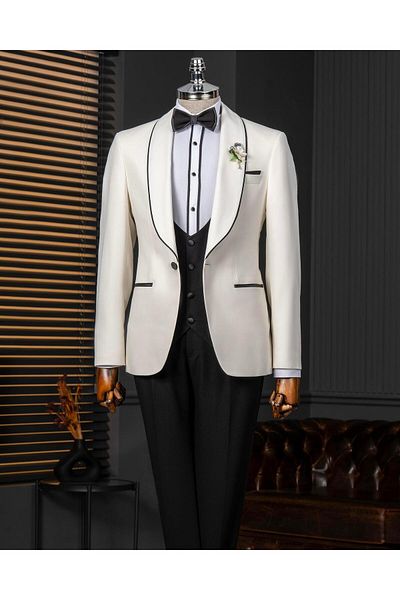 TerziAdemAltun Italian Style Shawl Collar Jacket Vest Pants Groom Suit Set Ecru T14267