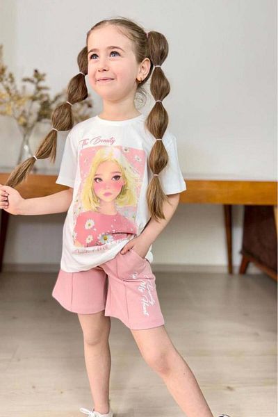 Riccotarz Set tricou din bumbac pieptănat imprimat cu scrisoare Daisy și frumusețea pentru fete cu pantaloni scurți pudra