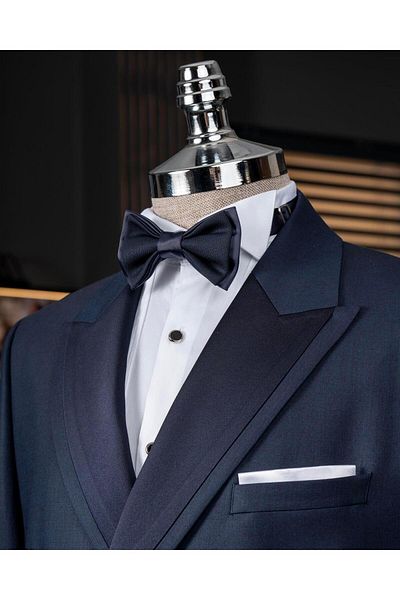 TerziAdemAltun Italian Style Slim Fit Double Breasted Jacket Pants Groom Suit Set Navy Blue T14005