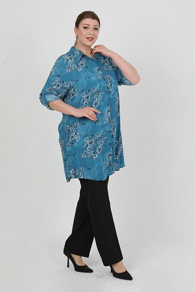 By Alba Collection Women's Indigo Patterned Cotton Viscose Large Size Tunic