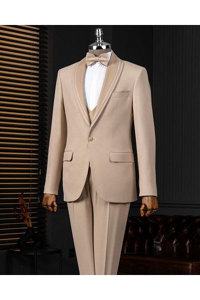 TerziAdemAltun Italian Style Shawl Collar Jacket Vest Pants Groom Suit Set Beige T14269