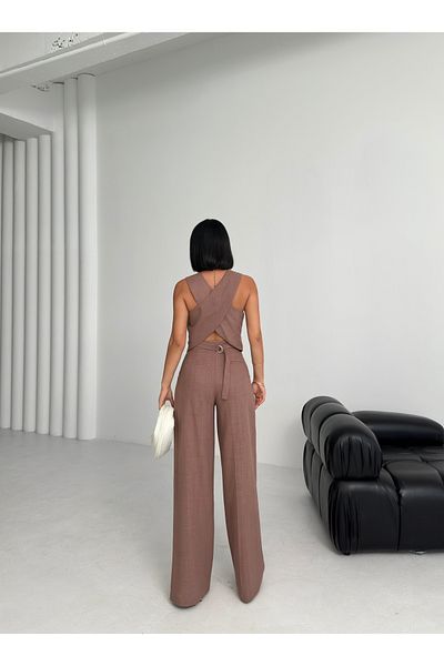 OUZ Fashion Women's Linen Cross-Back Pocket Pants Double Set