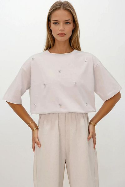 VAGGON Women's Stone Crew Neck Oversize Pearl and Stone Embroidered T-Shirt Prmx11964