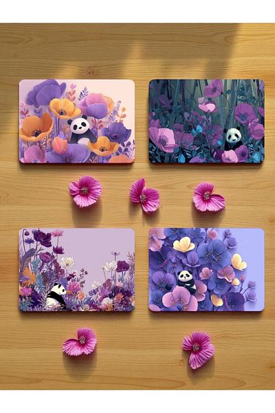 lili hediyelik Panda and Flower Printed Mousepad Set of 4 Mouse Pads 17X21 cm