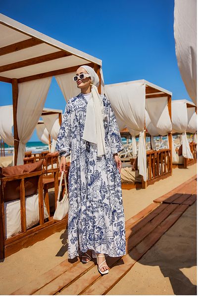 LOCCO Rochie de damă cu model de frunze albastră