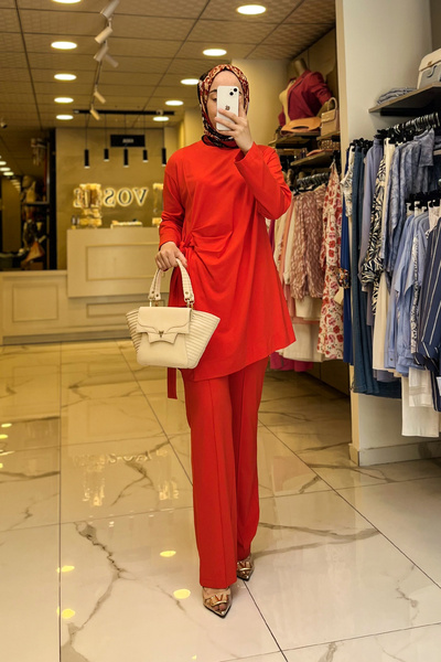 Vosse Tığ Triko Kırmızı Yandan Bağlamalı Takım